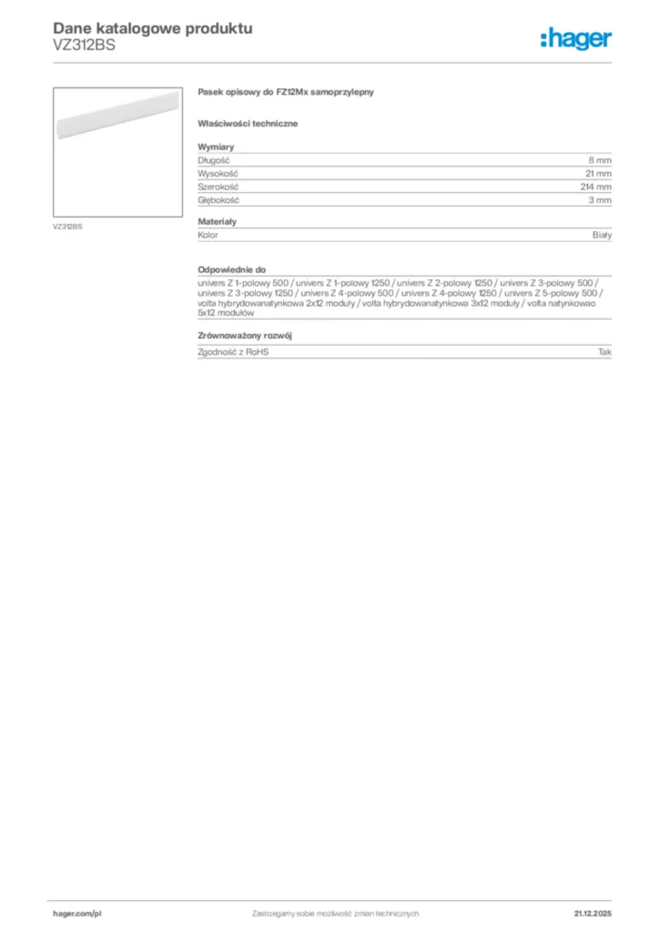 Zdjęcie Hager Dane katalogowe produktu VZ312BS | Hager Polska