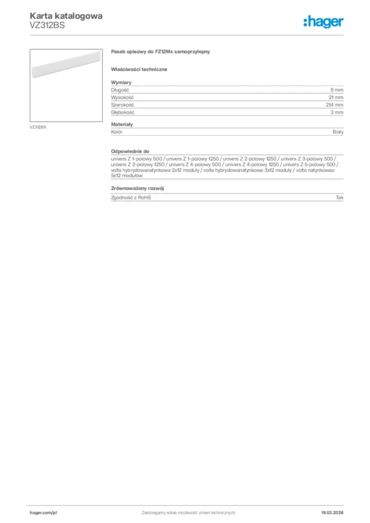 Zdjęcie Hager Karta katalogowa VZ312BS | Hager Polska
