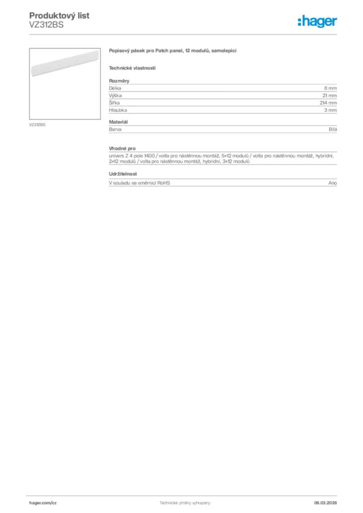 Obrázek Hager Product data sheet VZ312BS | Hager