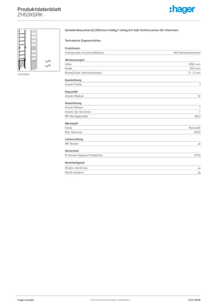 Bild Hager Produktdatenblatt ZH53XSRK | Hager Deutschland
