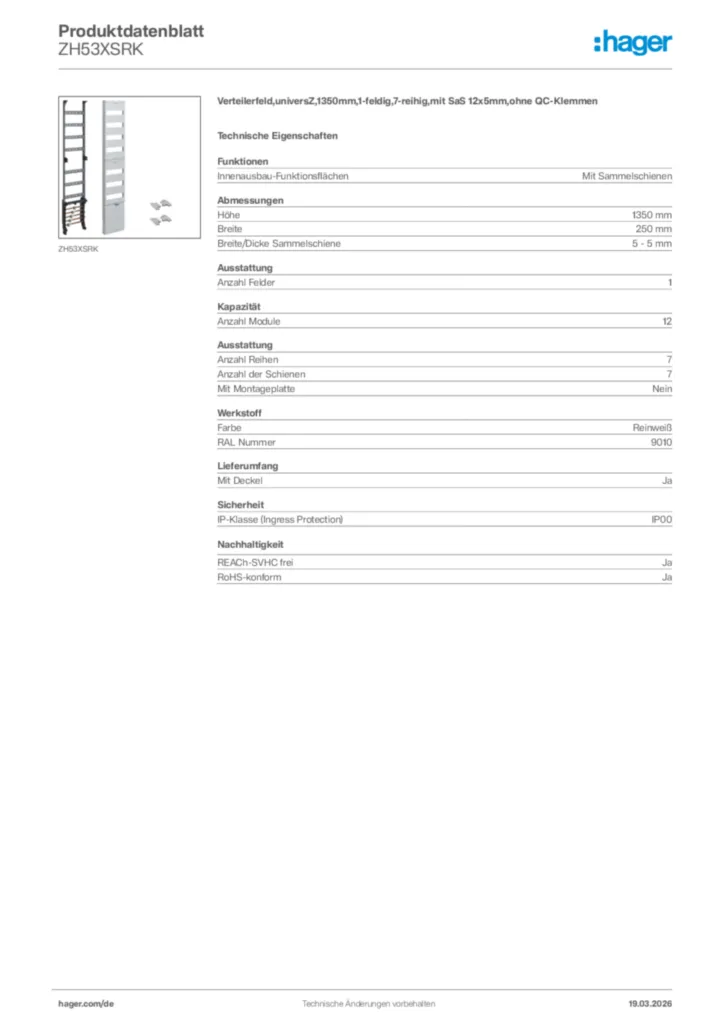 Bild Hager Produktdatenblatt ZH53XSRK | Hager Deutschland