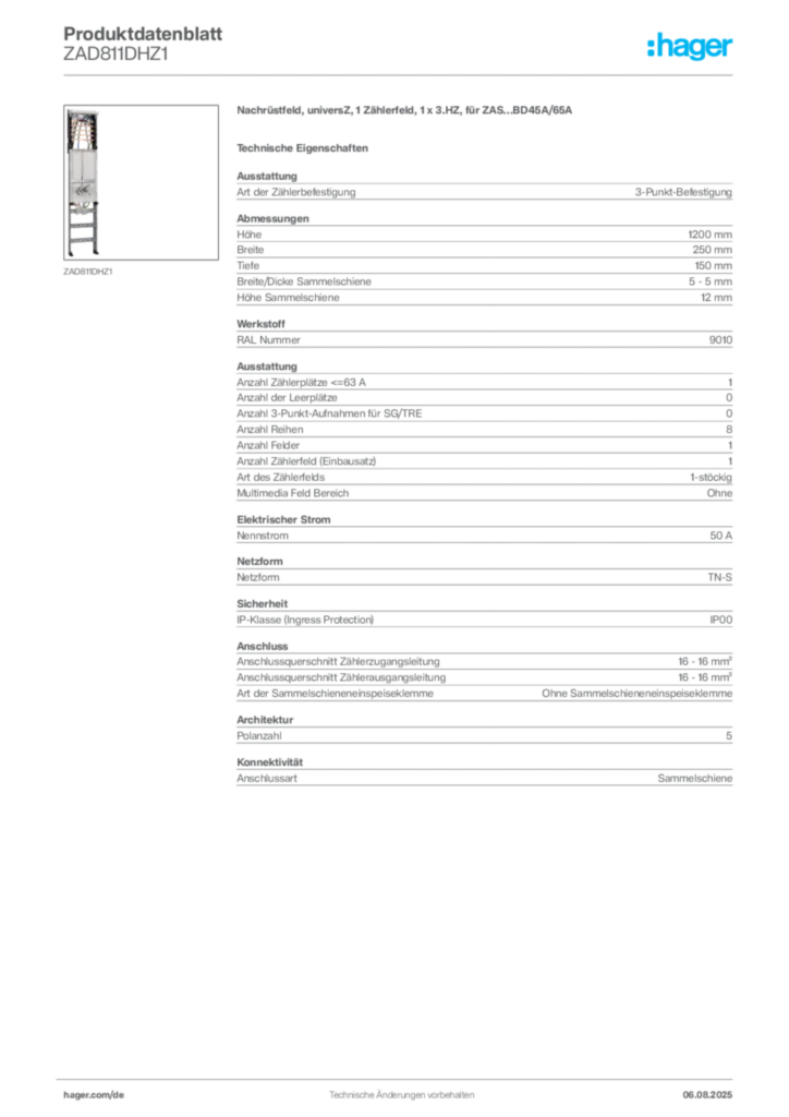 Hager Produktdatenblatt ZAD811DHZ1