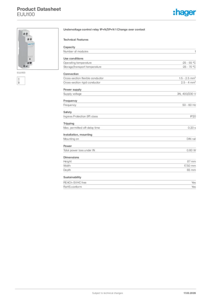 Image Hager Product data sheet EUU100  | Hager Africa
