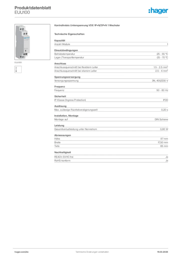 Bild Hager Produktdatenblatt EUU100 | Hager Deutschland