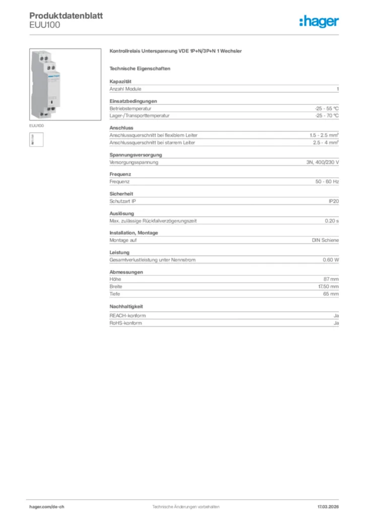 Bild Hager Produktdatenblatt EUU100 | Hager Schweiz