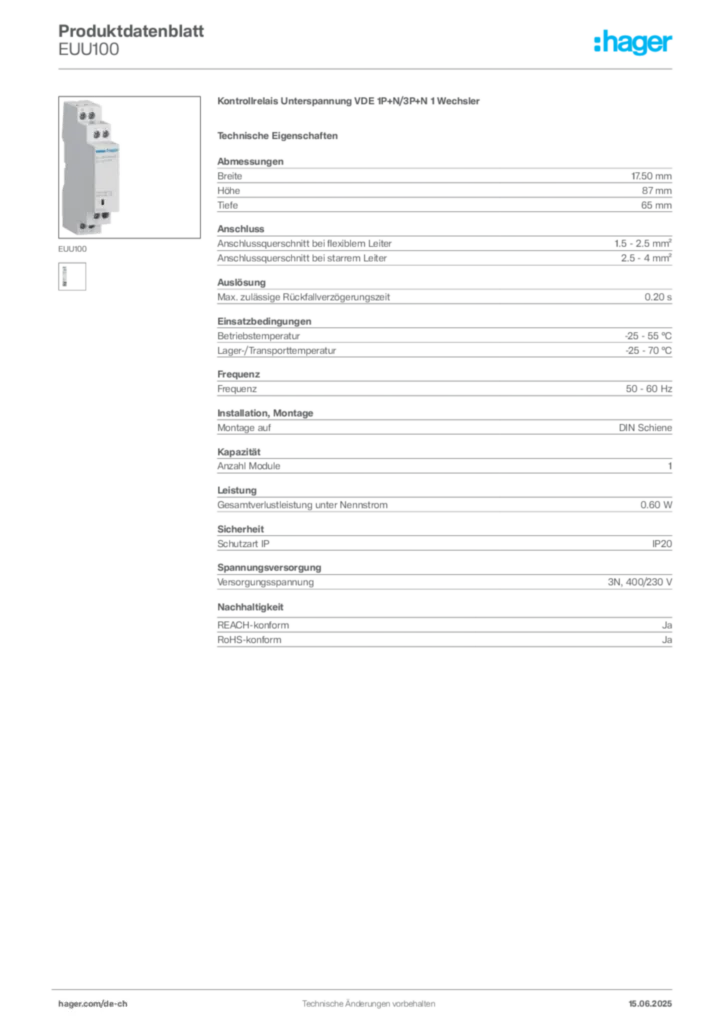 Bild Hager Produktdatenblatt EUU100 | Hager Schweiz