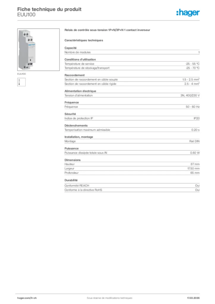 Image Hager Fiche technique du produit EUU100 | Hager Suisse