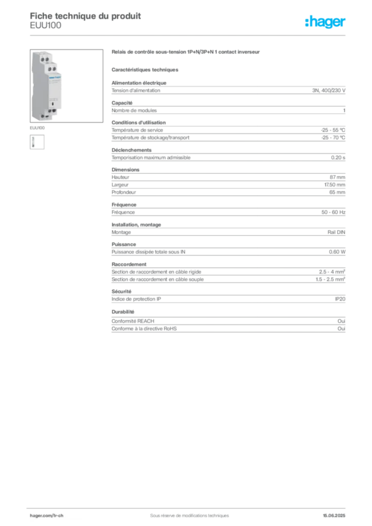 Image Hager Fiche technique du produit EUU100 | Hager Suisse