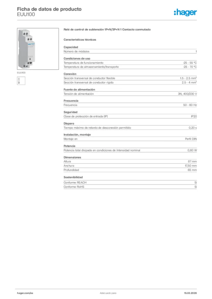 Imagen Hager Ficha de datos de producto EUU100 | Hager España