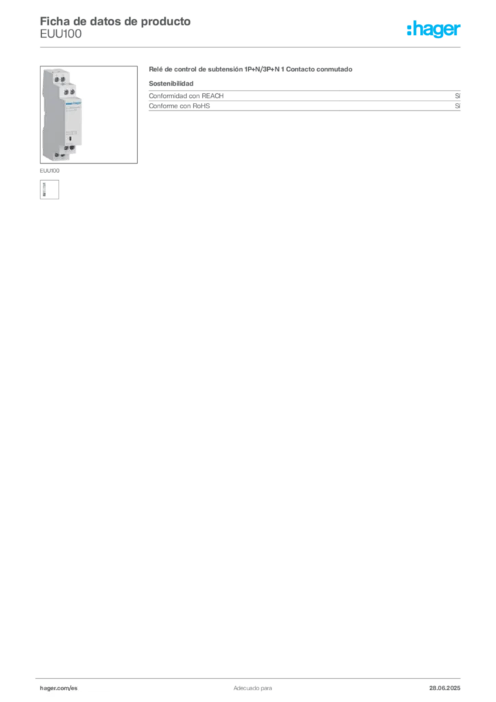 Imagen Hager Ficha de datos de producto EUU100 | Hager España
