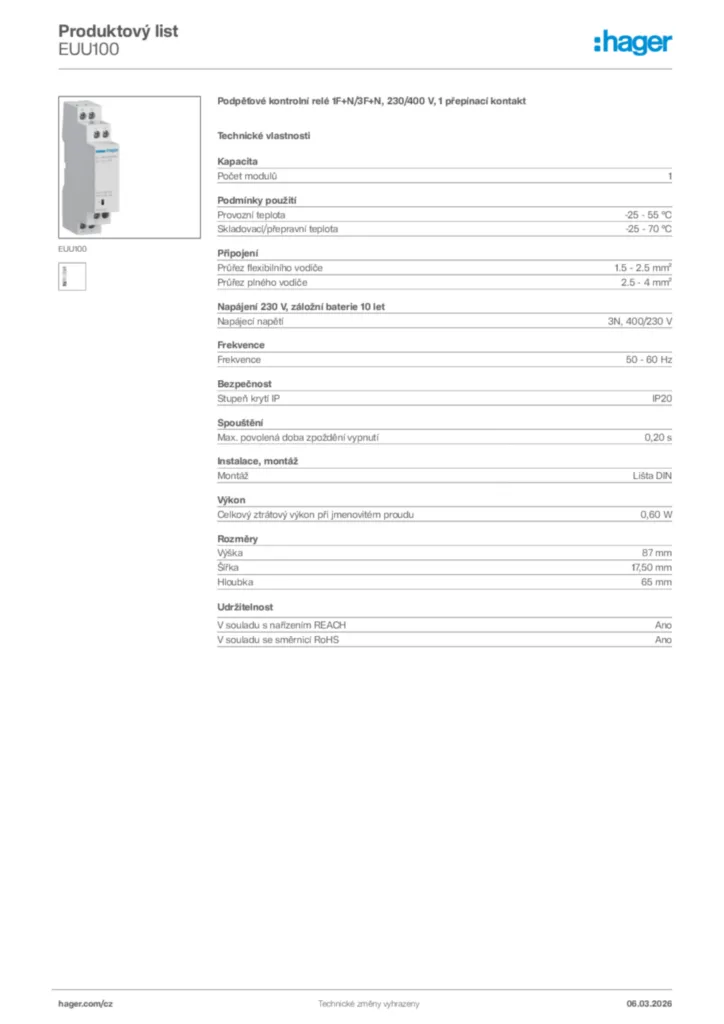 Obrázek Hager Product data sheet EUU100 | Hager