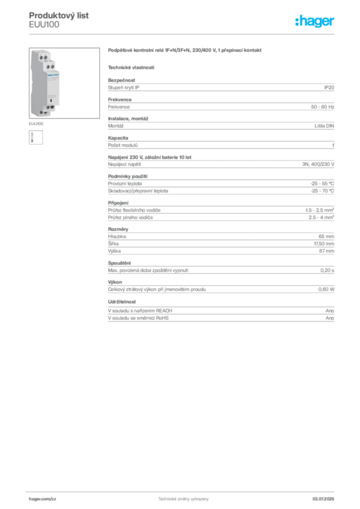 Obrázek Hager Produktový list EUU100 | Hager