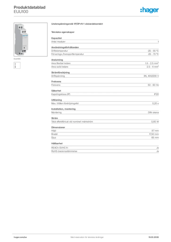 Bild Hager Produktdatablad EUU100 | Hager Sverige