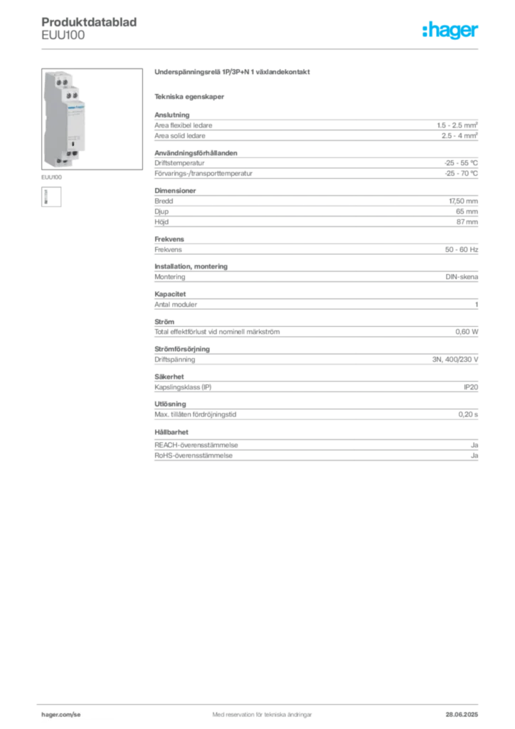 Bild Hager Produktdatablad EUU100 | Hager Sverige