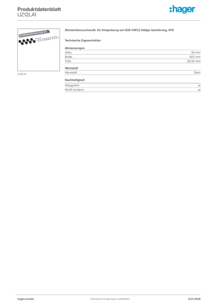 Bild Hager Produktdatenblatt UZ12LA1 | Hager Deutschland