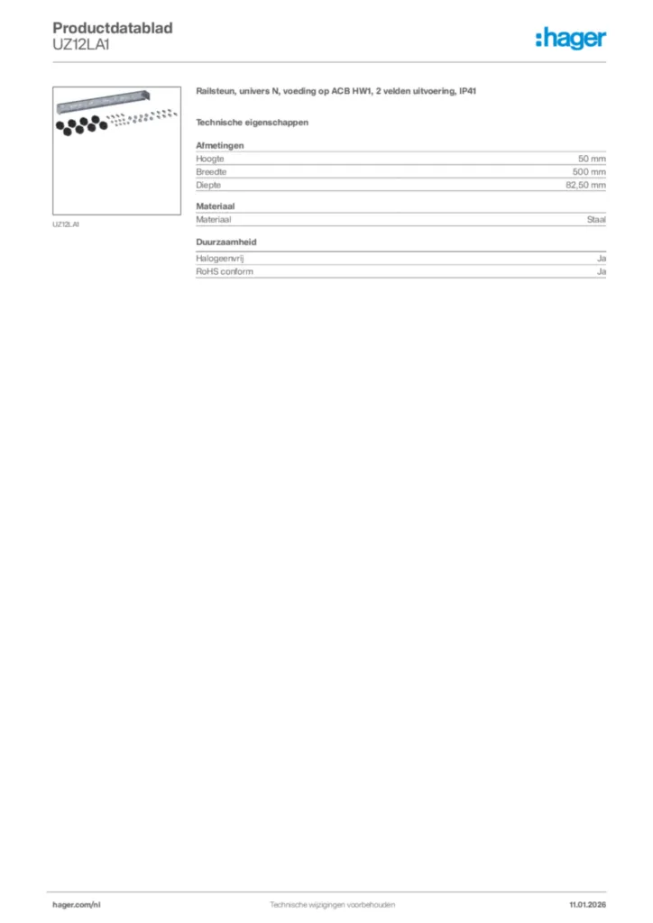 Afbeelding Hager Productdatablad UZ12LA1 | Hager Nederland