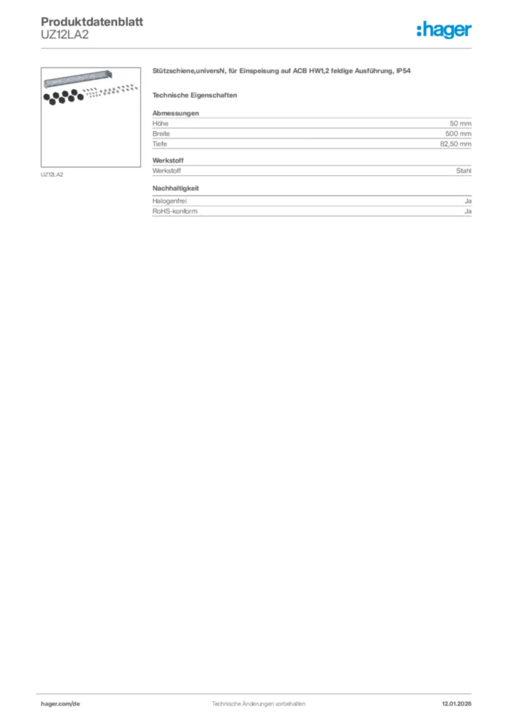 Bild Hager Produktdatenblatt UZ12LA2 | Hager Deutschland