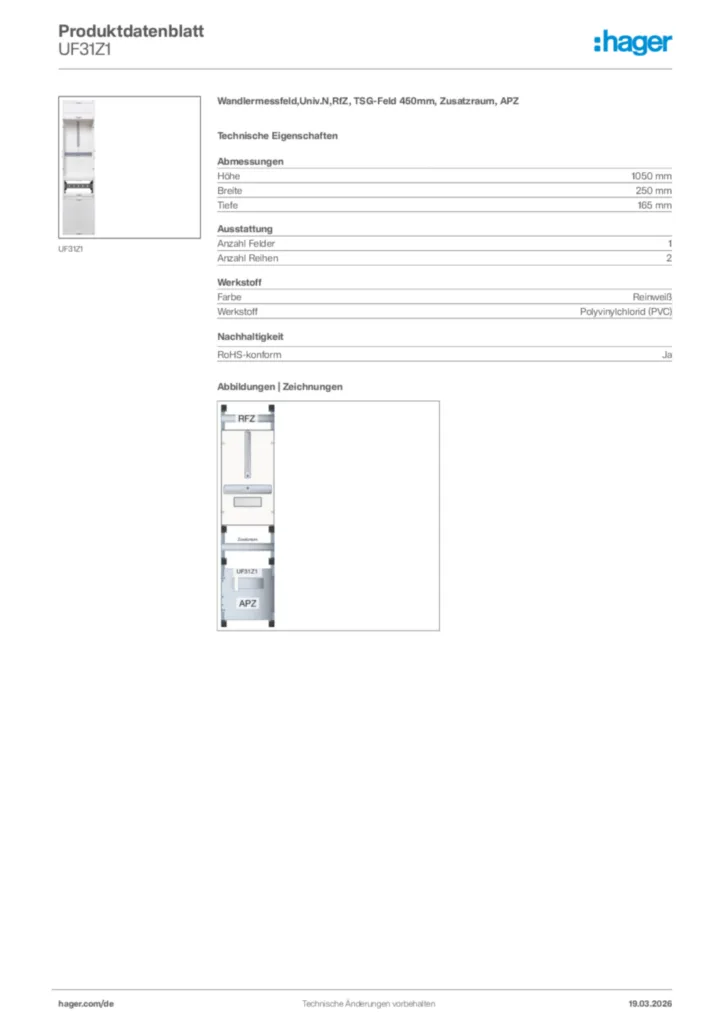 Bild Hager Produktdatenblatt UF31Z1 | Hager Deutschland