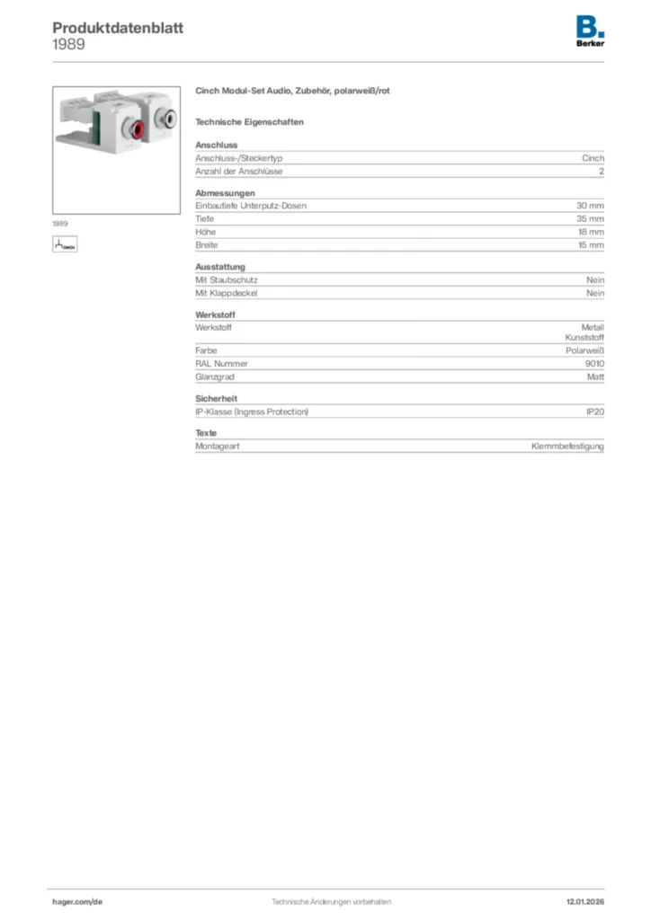 Bild Berker Produktdatenblatt 1989 | Hager Deutschland