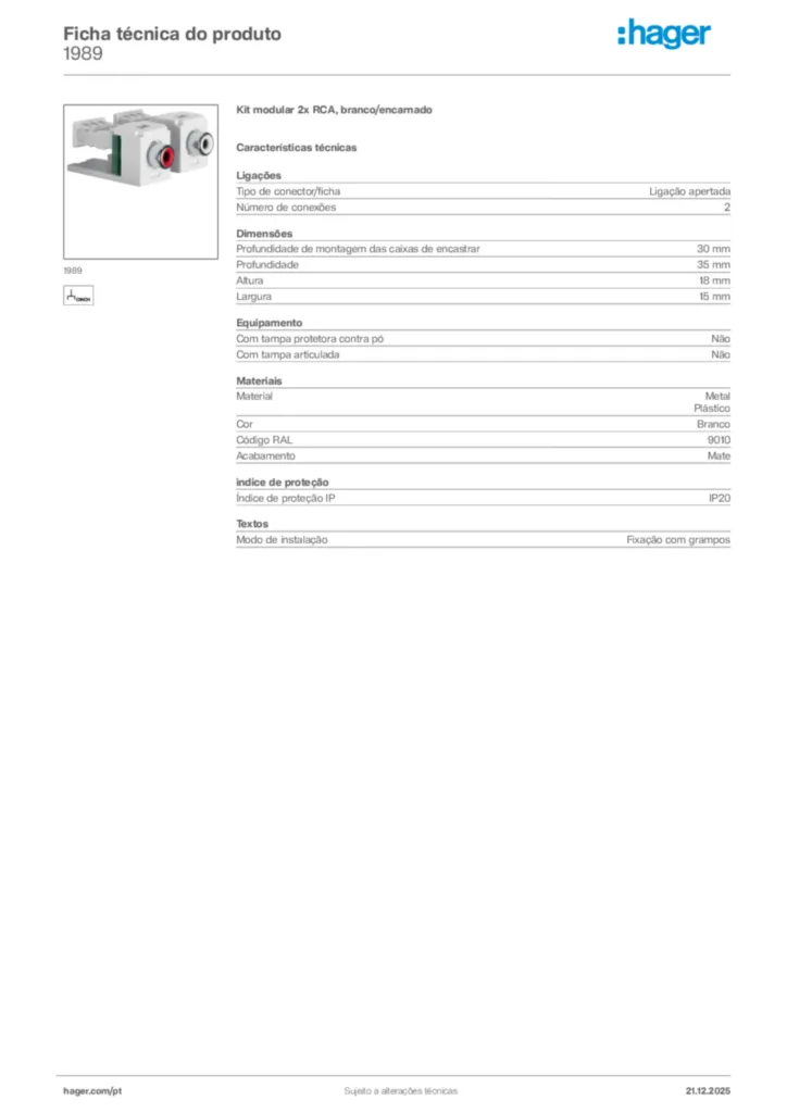 Imagem Hager Ficha técnica do produto 1989 | Hager Portugal