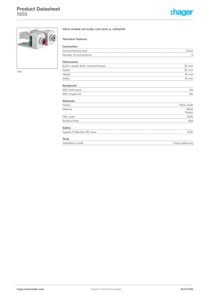Image Hager Product data sheet 1989  | Hager