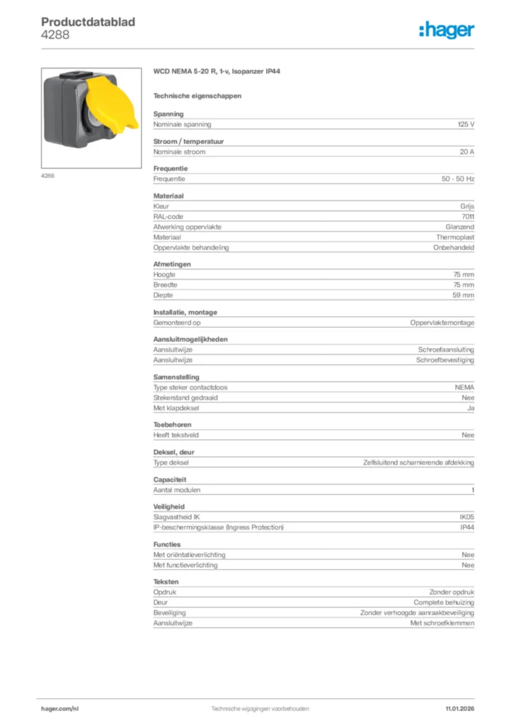 Afbeelding Hager Productdatablad 4288 | Hager Nederland