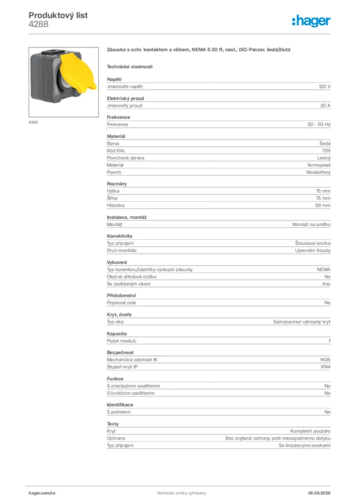 Obrázek Hager Product data sheet 4288 | Hager