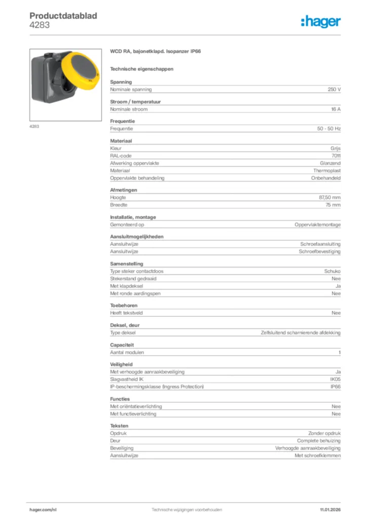 Afbeelding Hager Productdatablad 4283 | Hager Nederland