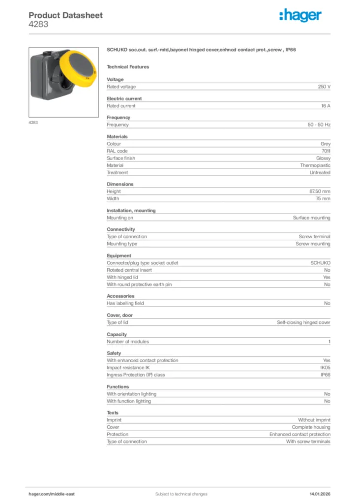 Image Hager Product data sheet 4283  | Hager