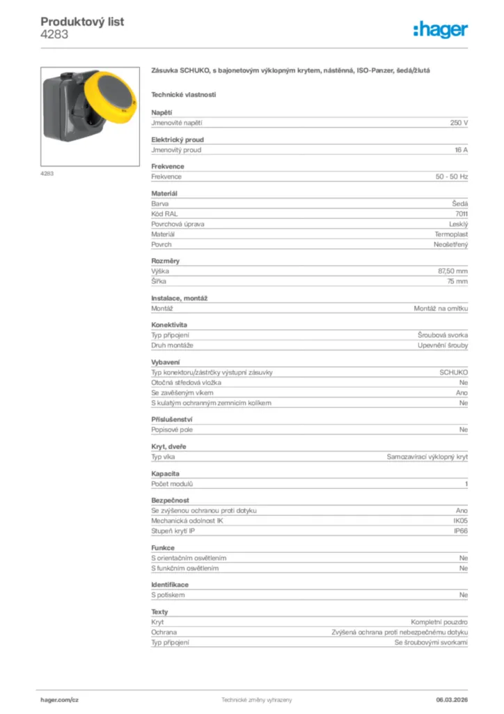 Obrázek Hager Product data sheet 4283 | Hager