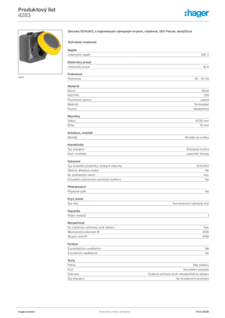 Obrázek Hager Product data sheet 4283 | Hager