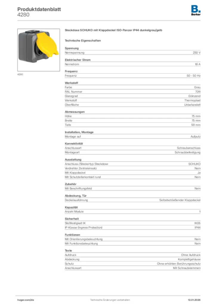 Bild Berker Produktdatenblatt 4280 | Hager Deutschland