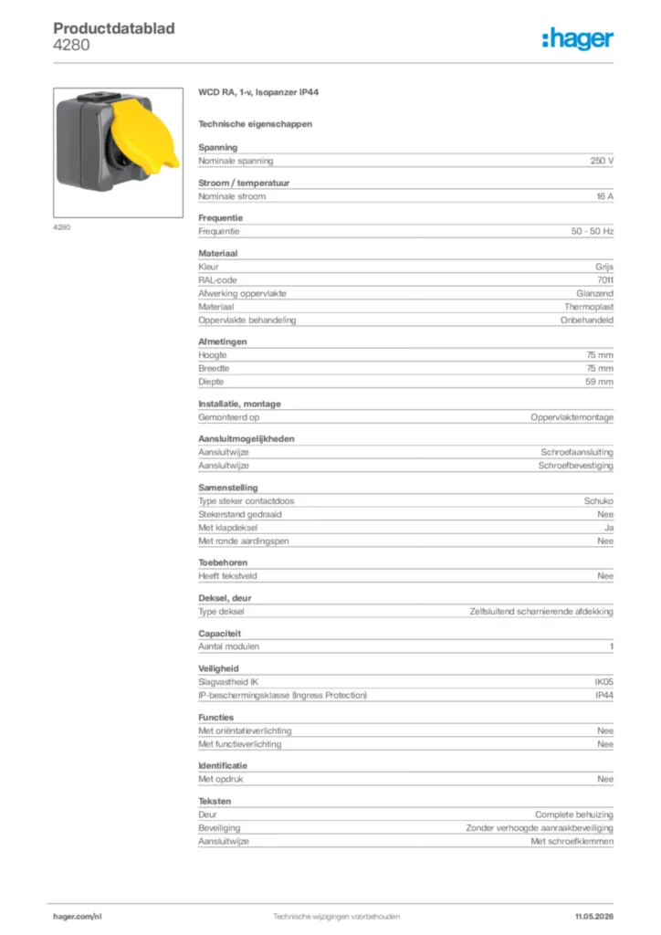 Afbeelding Hager Productdatablad 4280 | Hager Nederland