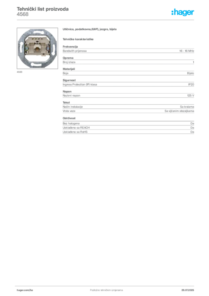 Slika Hager Product data sheet 4568  | Hager