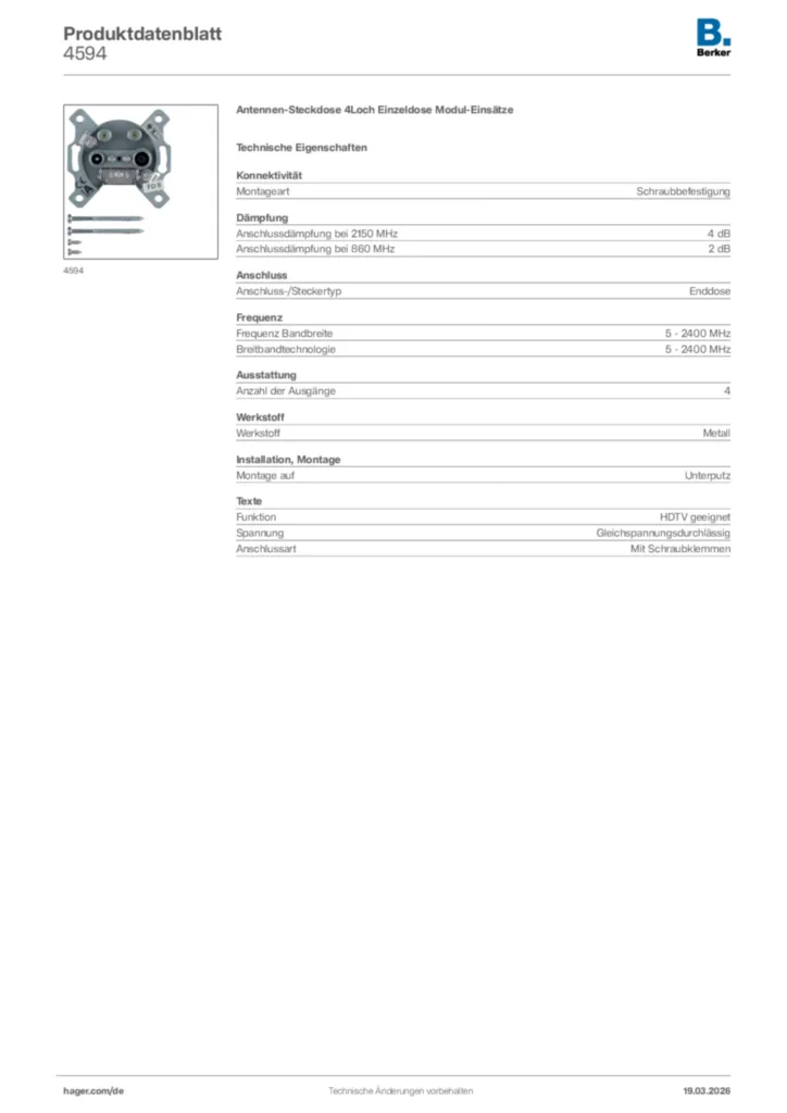 Bild Berker Produktdatenblatt 4594 | Hager Deutschland