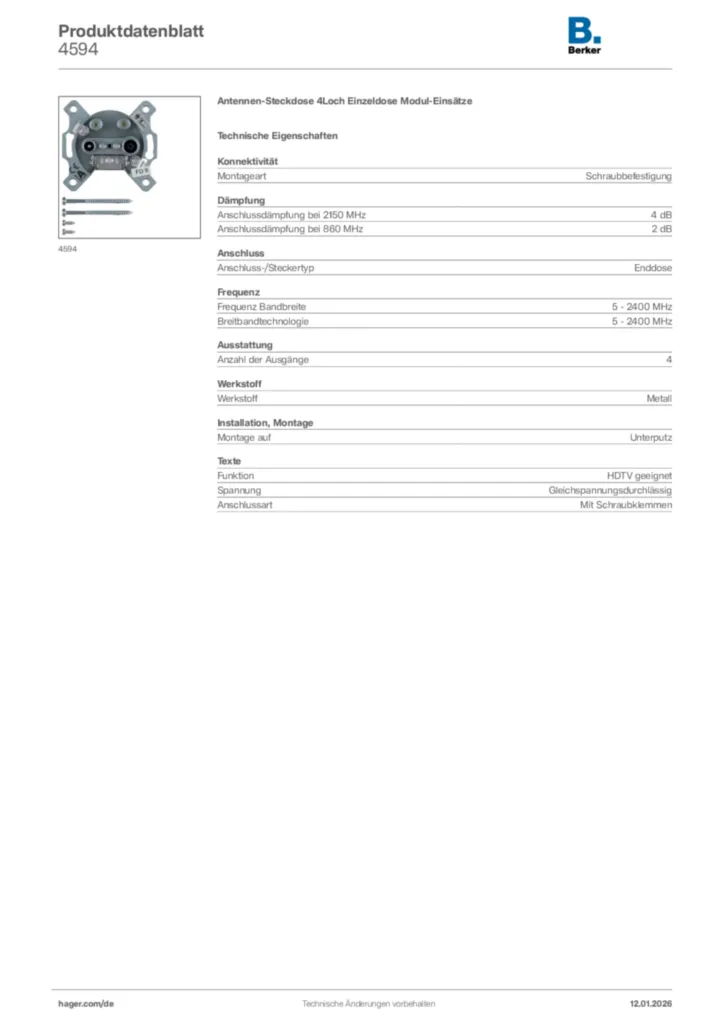 Bild Berker Produktdatenblatt 4594 | Hager Deutschland