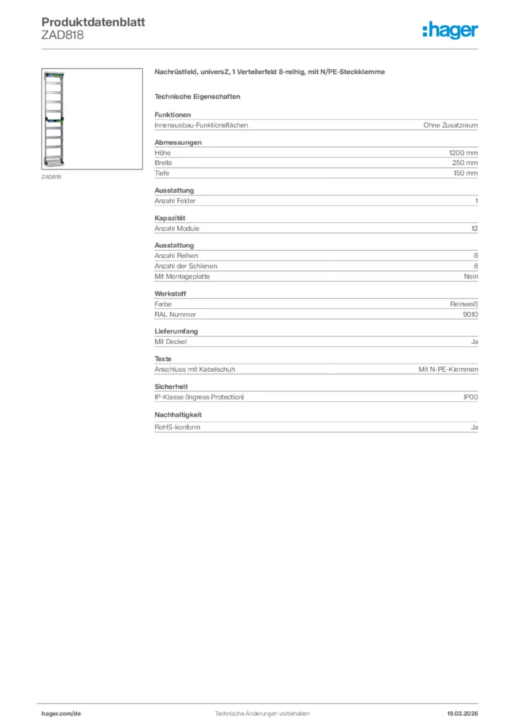 Bild Hager Produktdatenblatt ZAD818 | Hager Deutschland