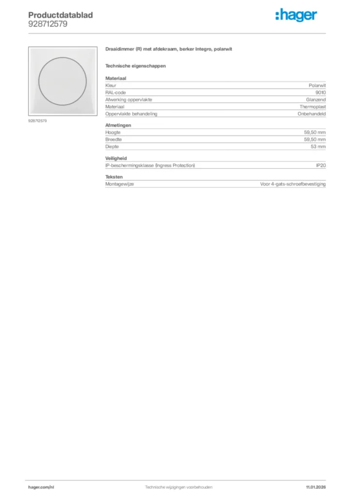 Afbeelding Hager Productdatablad 928712579 | Hager Nederland