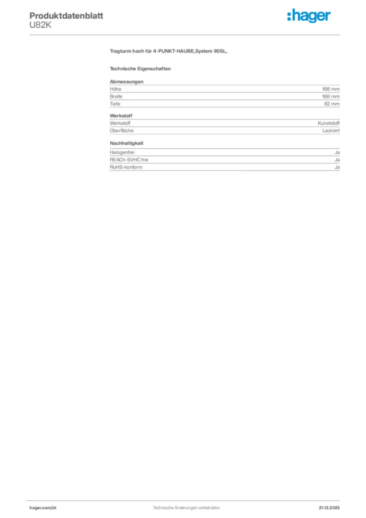 Bild Hager Produktdatenblatt U82K | Hager Deutschland