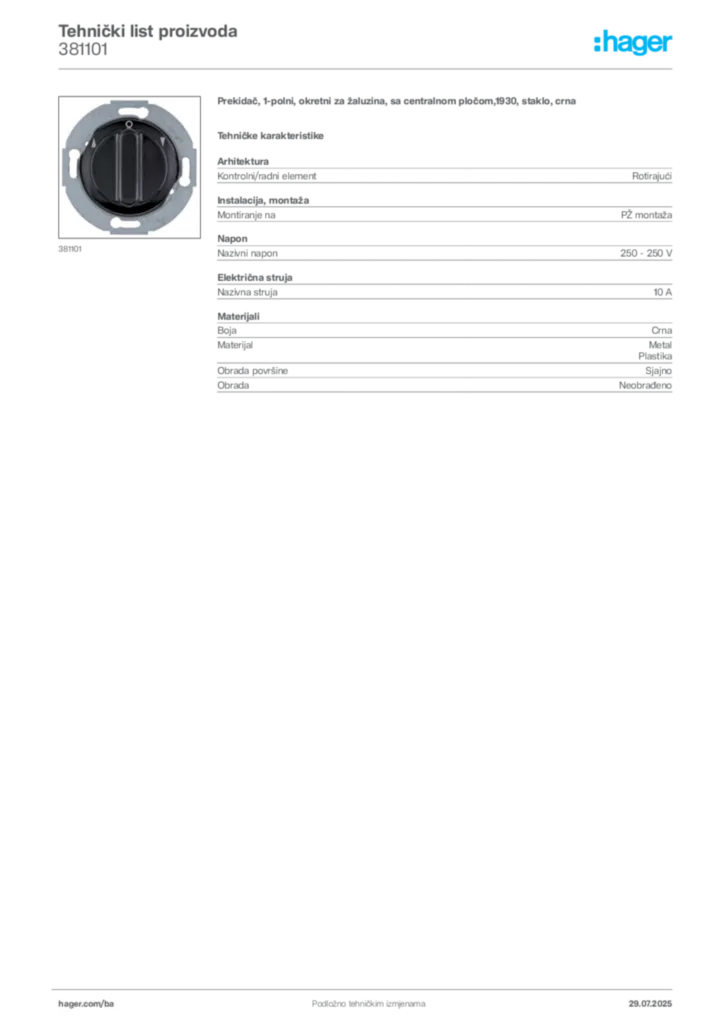 Slika Hager Product data sheet 381101  | Hager