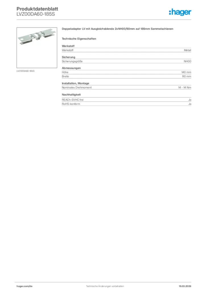 Bild Hager Produktdatenblatt LVZ00DA60-185S | Hager Deutschland