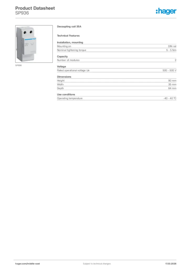 Image Hager Product data sheet SP936  | Hager