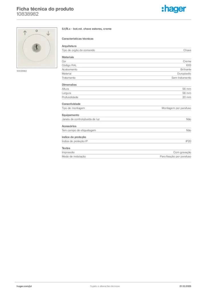 Imagem Hager Ficha técnica do produto 10838982 | Hager Portugal