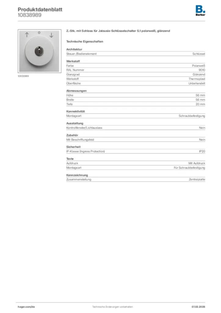 Bild Berker Produktdatenblatt 10838989 | Hager Deutschland