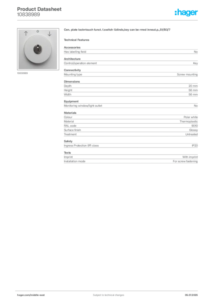 Image Hager Product data sheet 10838989  | Hager