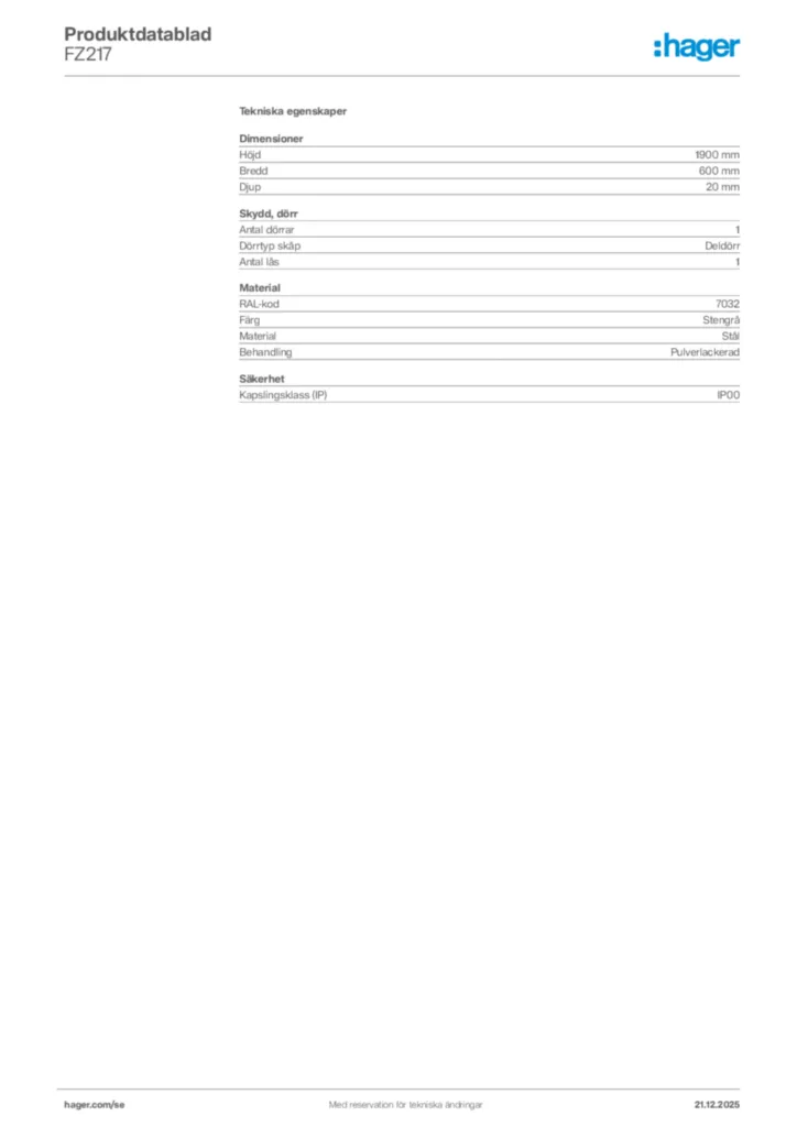 Bild Hager Produktdatablad FZ217 | Hager Sverige