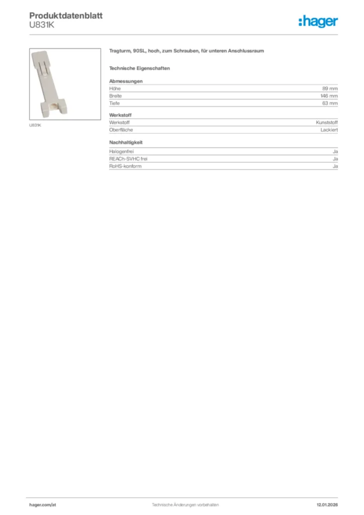 Bild Hager Produktdatenblatt U831K | Hager Deutschland