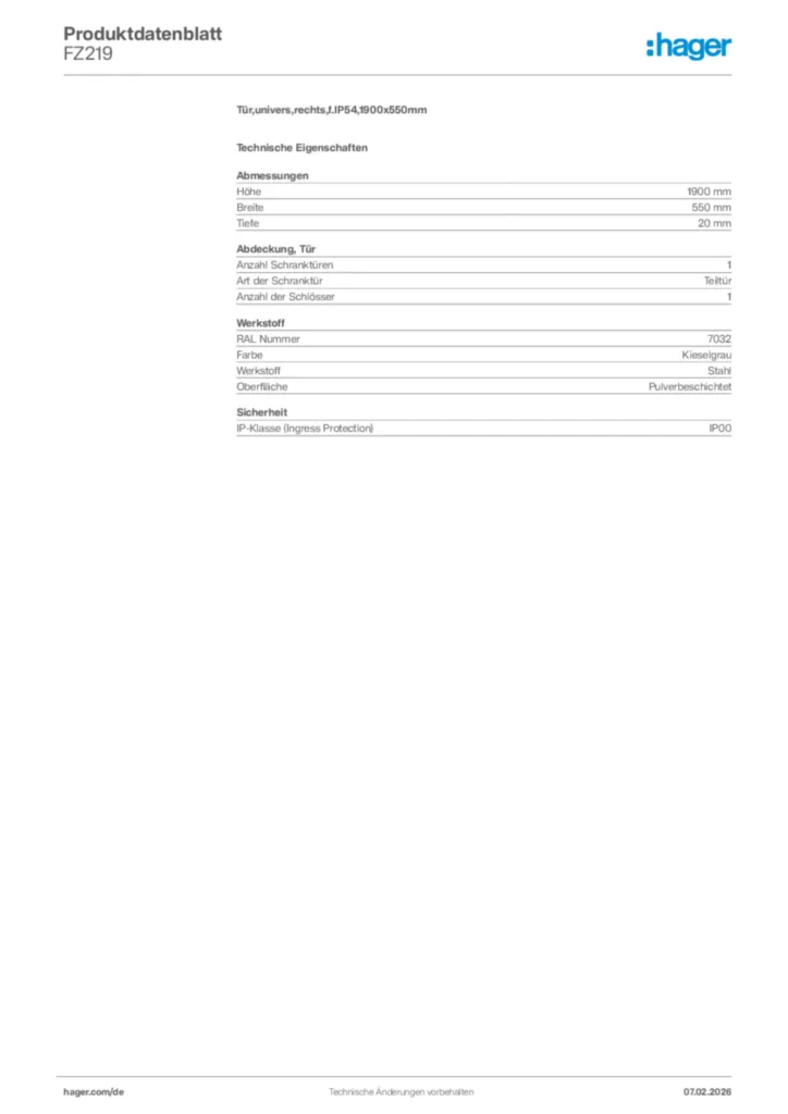 Bild Hager Produktdatenblatt FZ219 | Hager Deutschland