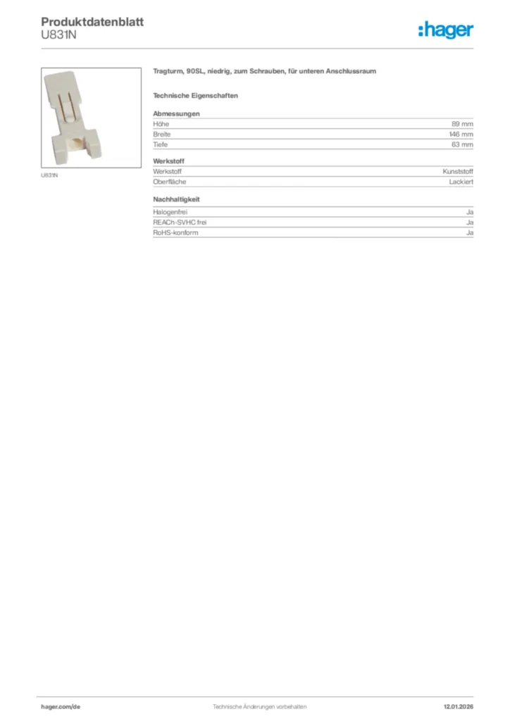 Bild Hager Produktdatenblatt U831N | Hager Deutschland