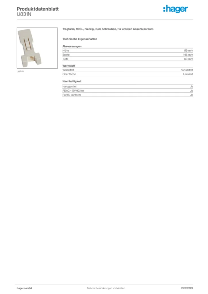Bild Hager Produktdatenblatt U831N | Hager Deutschland